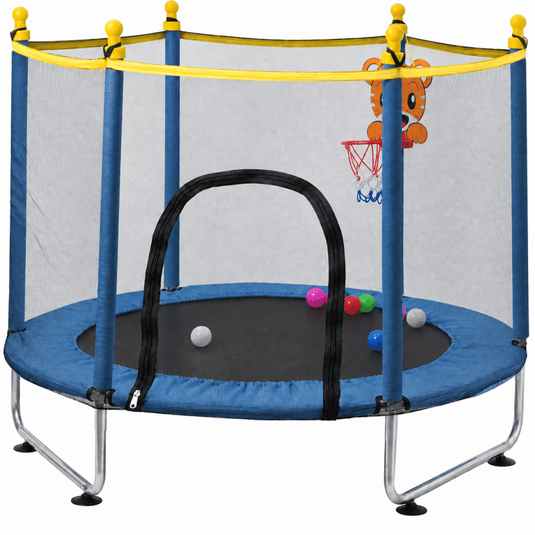 Kindertrampoline 140 cm met veiligheidsnet en basketbalmand blauw – trampoline – indoor outdoor speeltoestel - happygetfit.com
