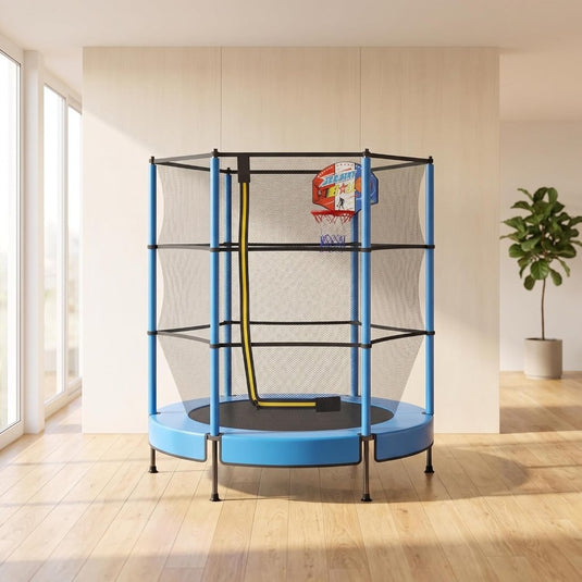 Kindertrampoline 145 cm met veiligheidsnet en verstelbare basketbalmand – trampoline – indoor outdoor - happygetfit.com
