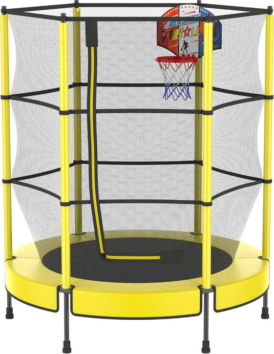 Kindertrampoline 145 cm met veiligheidsnet en verstelbare basketbalmand – trampoline – indoor outdoor - happygetfit.com