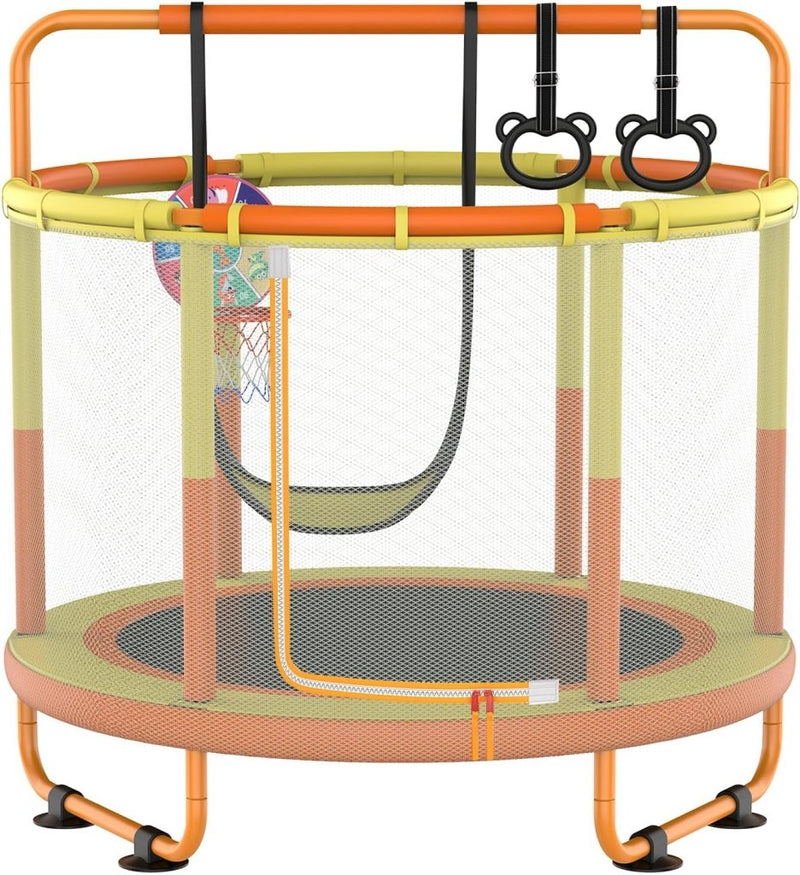 Load image into Gallery viewer, Kindertrampoline met veiligheidsnet schommel en basketbalmand geeloranje – trampoline – indoor outdoor - happygetfit.com
