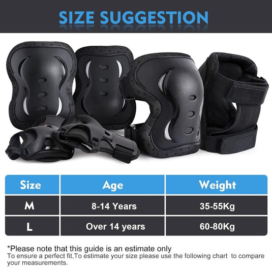 Kniebeschermersset voor kinderen en volwassenen - Inline skates Kniebeschermers Bescherming Inline skates Dames 6-in-1 Kniebeschermers Elleboogbeschermers Polsbeschermers (Zwart, Large) - happygetfit.com
