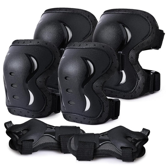 Kniebeschermersset voor kinderen en volwassenen - Inline skates Kniebeschermers Bescherming Inline skates Dames 6-in-1 Kniebeschermers Elleboogbeschermers Polsbeschermers (Zwart, Large) - happygetfit.com