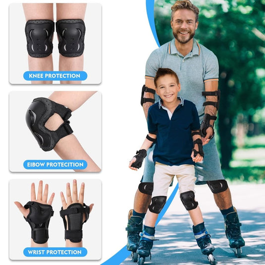 Kniebeschermersset voor kinderen en volwassenen - Inline skates Kniebeschermers Bescherming Inline skates Dames 6-in-1 Kniebeschermers Elleboogbeschermers Polsbeschermers (Zwart, Large) - happygetfit.com