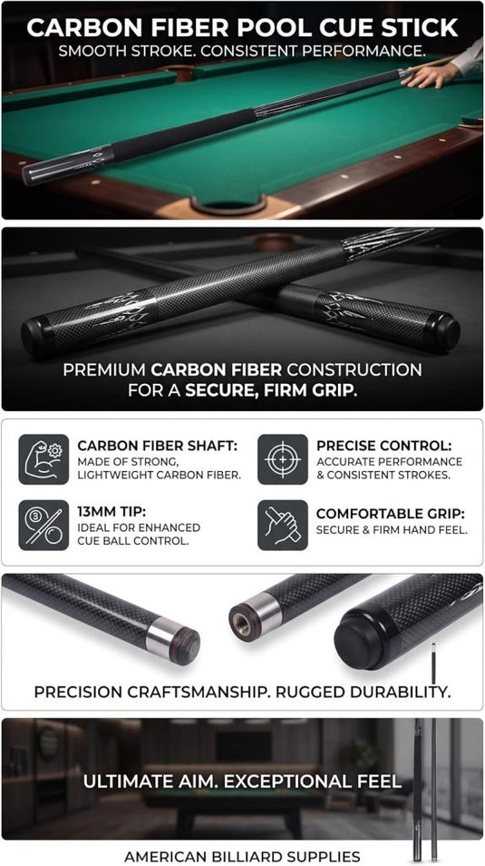 Koolstofvezel Biljartkeu met 13 mm Tip – Professionele Pool Cue met Rubberen Bumper - happygetfit.com