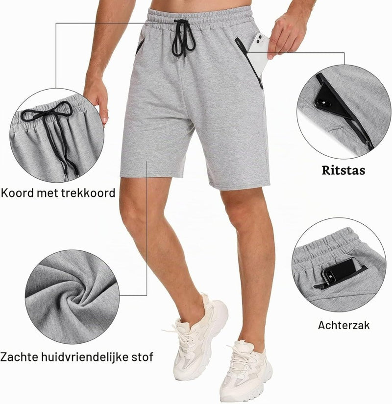 Carica immagine in Galleria Viewer, Korte sportbroek heren van 100% katoen met ritszakken en verstelbaar trekkoord – fitnessshort – joggingbroek - happygetfit.com

