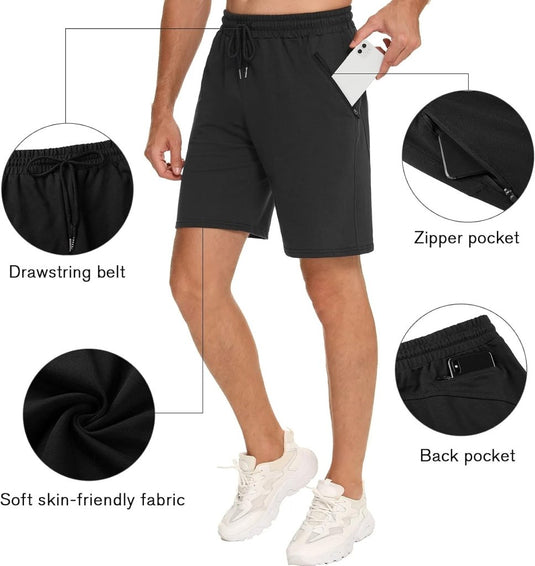 Korte sportbroek heren van 100% katoen met ritszakken en verstelbaar trekkoord – fitnessshort – joggingbroek - happygetfit.com