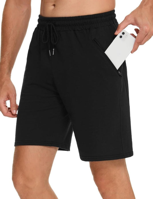 Korte sportbroek heren van 100% katoen met ritszakken en verstelbaar trekkoord – fitnessshort – joggingbroek - happygetfit.com