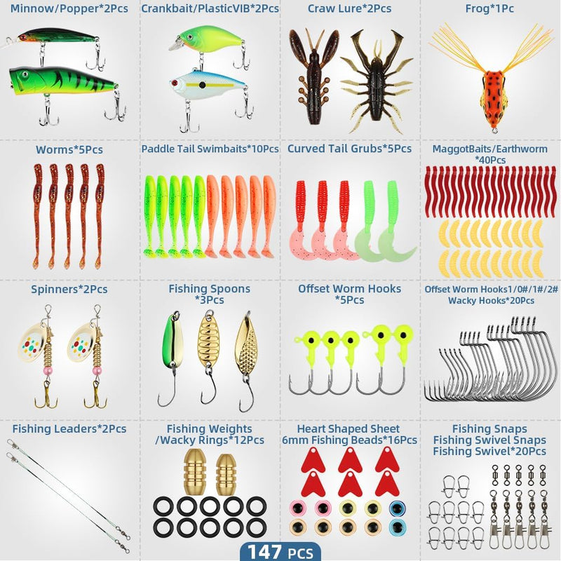 Załaduj obraz w przeglądarce galerii, Kunstaas set 147-delig met spinners, softbaits, vishaken en wartels inclusief opbergdoos – roofvisaas – hengelsportbenodigdheden - happygetfit.com
