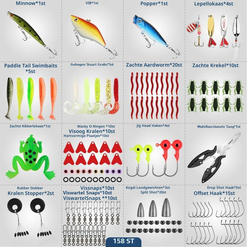 Laad afbeelding in Galerijviewer, Kunstaas set 158-delig met minnows, softbaits, vishaken en vistang inclusief opbergdoos – roofvismateriaal – visaccessoires - happygetfit.com
