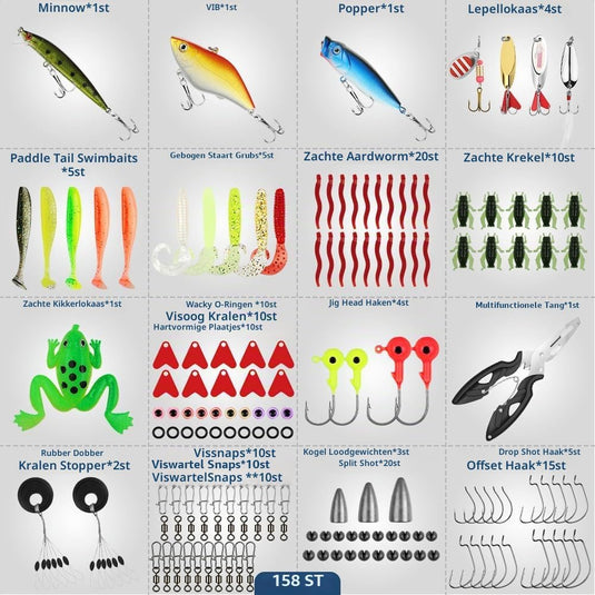 Kunstaas set 158-delig met minnows, softbaits, vishaken en vistang inclusief opbergdoos – roofvismateriaal – visaccessoires - happygetfit.com