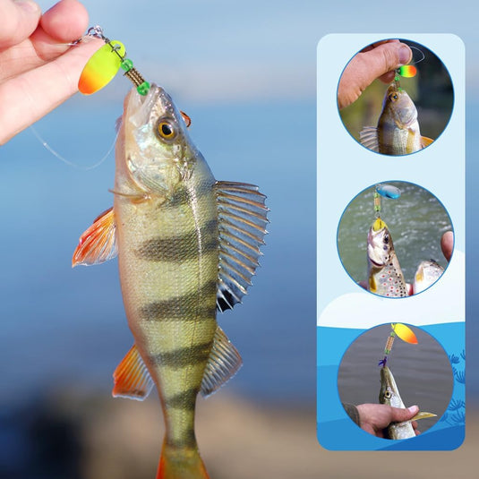 Kunstaas spinners 16 stuks van metaal met reflecterende bladen en dreggen – forelaas – vislepels - happygetfit.com
