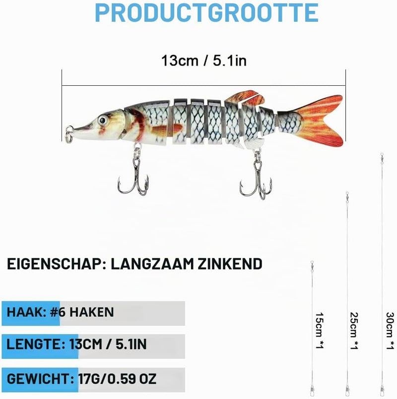 Load image in Gallery Viewer, Kunstaas wobblers 3 stuks 13,5 cm met 8 bewegende segmenten en stalen onderlijnen – snoekaas – jerkbaits - happygetfit.com
