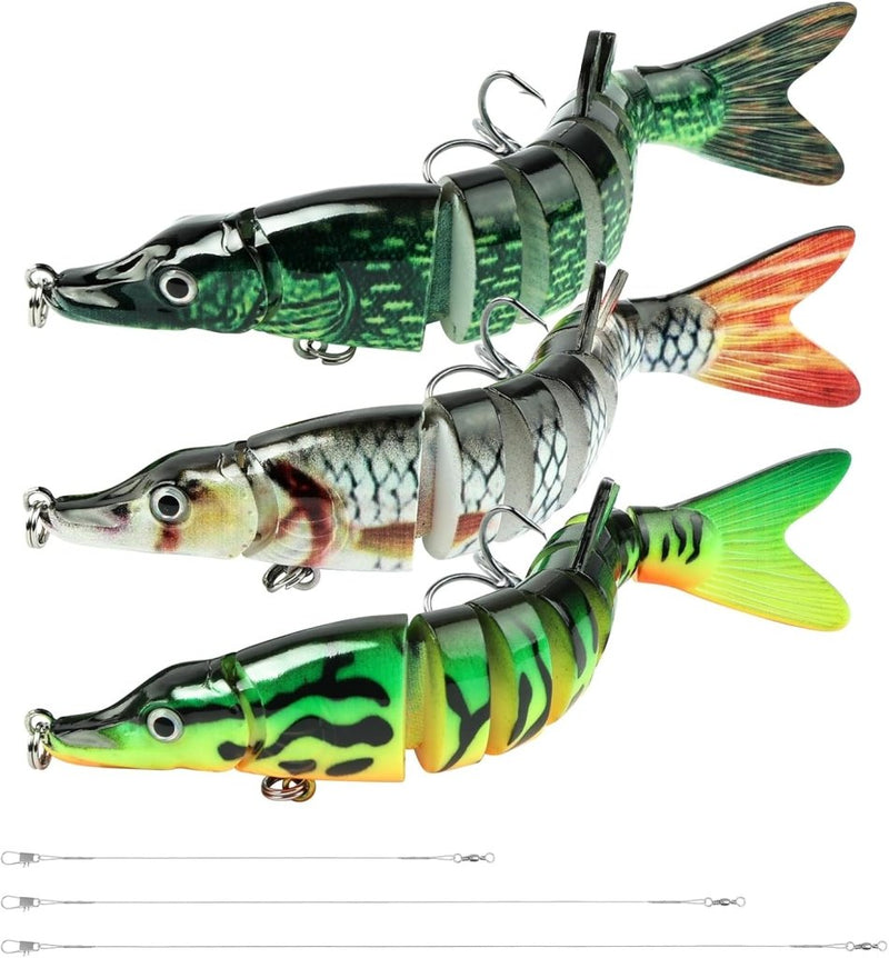 Load image in Gallery Viewer, Kunstaas wobblers 3 stuks 13,5 cm met 8 bewegende segmenten en stalen onderlijnen – snoekaas – jerkbaits - happygetfit.com
