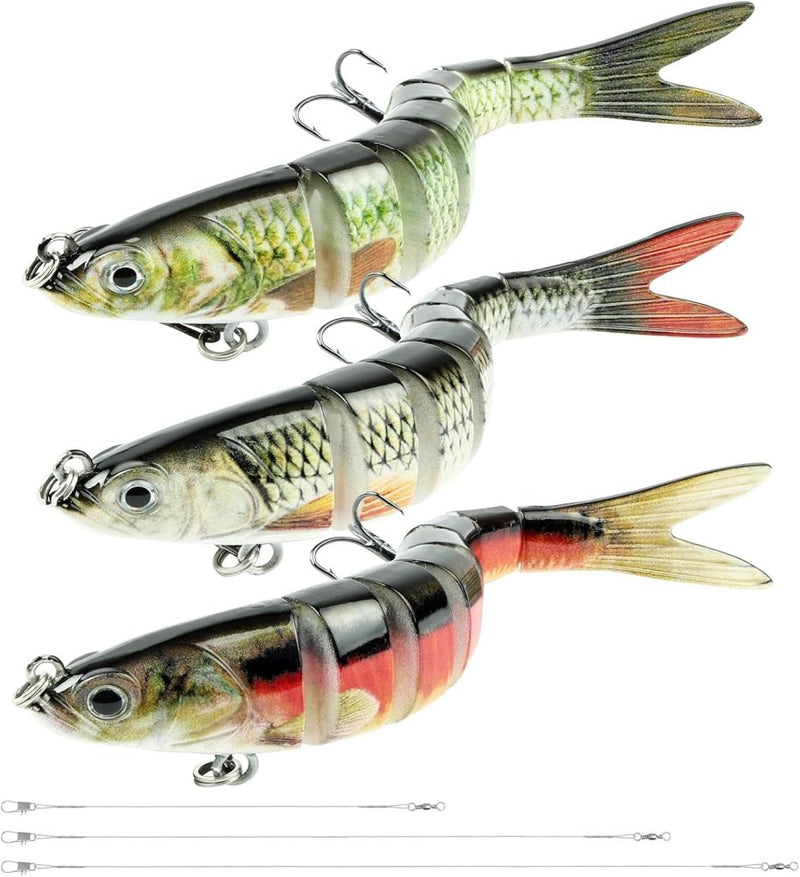 Load image in Gallery Viewer, Kunstaas wobblers 3 stuks 13,5 cm met 8 bewegende segmenten en stalen onderlijnen – snoekaas – jerkbaits - happygetfit.com
