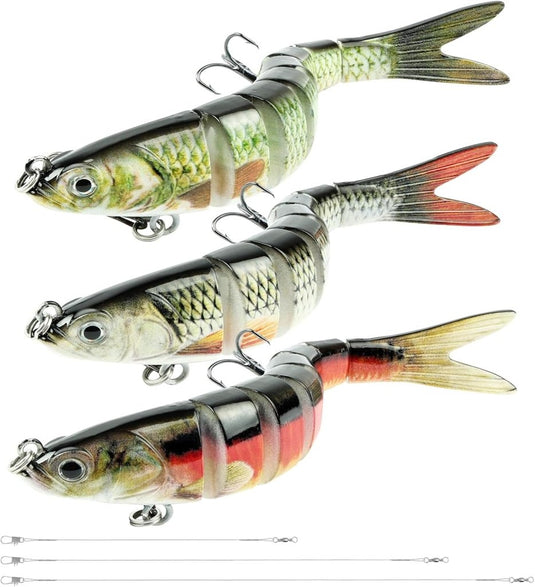 Kunstaas wobblers 3 stuks 13,5 cm met 8 bewegende segmenten en stalen onderlijnen – snoekaas – jerkbaits - happygetfit.com