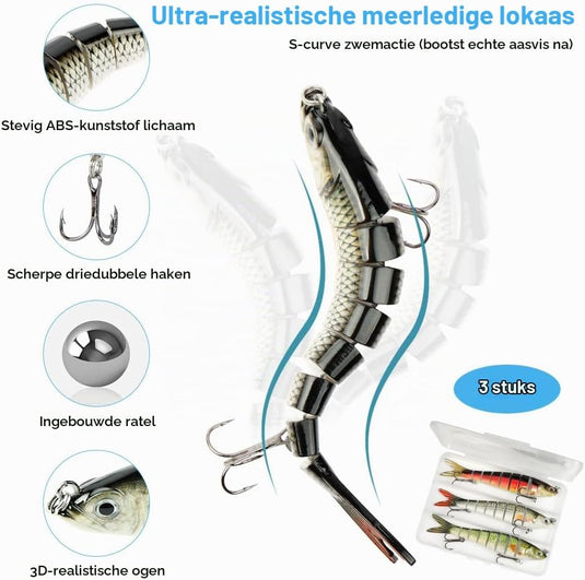 Kunstaas wobblers 3 stuks 13,5 cm met 8 bewegende segmenten en stalen onderlijnen – snoekaas – jerkbaits - happygetfit.com