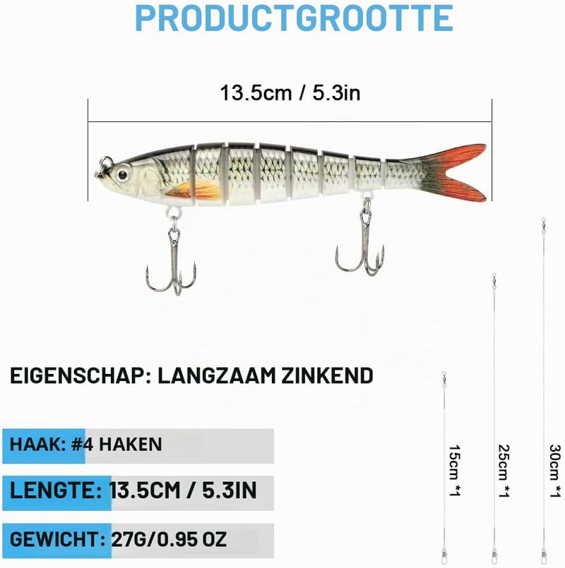 Load image in Gallery Viewer, Kunstaas wobblers 3 stuks 13,5 cm met 8 bewegende segmenten en stalen onderlijnen – snoekaas – jerkbaits - happygetfit.com
