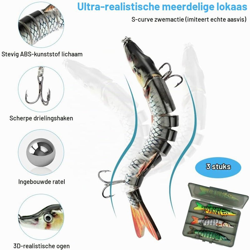 Load image in Gallery Viewer, Kunstaas wobblers 3 stuks 13,5 cm met 8 bewegende segmenten en stalen onderlijnen – snoekaas – jerkbaits - happygetfit.com
