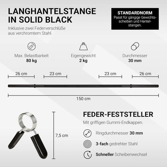 Lange halterstang met veersluiting, 150 x 35 cm, voor halterschijven met 30 mm boring, lange halter - happygetfit.com