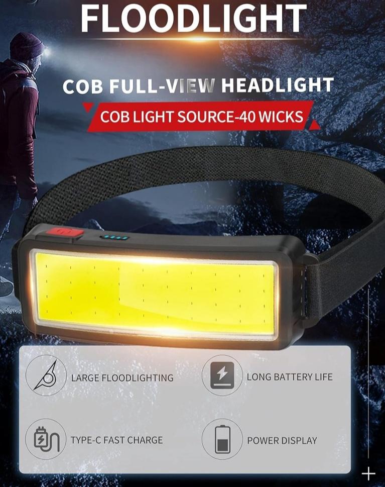 Load image into Gallery viewer, Advertentie waarin de &quot;Altijd verlicht met een krachtige, oplaadbare led-hoofdlamp&quot; wordt getoond met COB-technologie voor volledig zichtverlichting met behulp van 40 lonten. Kenmerken omvatten Type-C snel opladen, stroomdisplay, grote schijnwerper, lange batterijduur en een waterdicht ontwerp. Persoon op de achtergrond.
