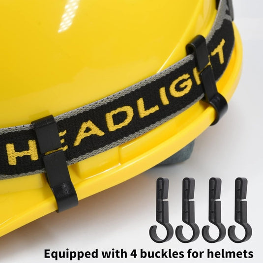 Gele helm met bevestigde koplampband met opschrift "Altijd verlicht met een krachtige, oplaadbare led-hoofdlamp!" is voorzien van COB-technologie voor verbeterde helderheid, heeft vier zwarte gespen voor een veilige bevestiging en bevat extra gespen hieronder, wat het robuuste, waterdichte ontwerp verbetert.