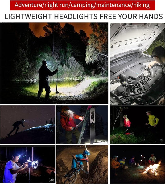Collage laat individuen zien die "Altijd verlicht met een krachtige, oplaadbare led-hoofdlamp!" voor kamperen, fietsen en auto-onderhoud 's nachts. Tekst benadrukt veelzijdigheid en handsfree gemak in een waterdicht ontwerp.