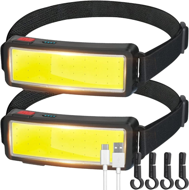 Load image into Gallery viewer, Er worden twee LED-koplampen met COB-technologie, zwarte banden en grote rechthoekige lampen getoond. USB-oplaadkabels, waterdicht ontwerp en vier clips voor eenvoudige bevestiging zijn inbegrepen. [Product: Altijd verlicht met een krachtige, oplaadbare led-hoofdlamp!].
