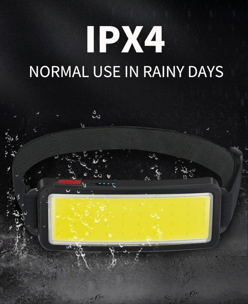 Load image into Gallery viewer, De Altijd verlichte led-hoofdlamp heeft een zwarte band, een IPX4 waterdicht ontwerp en COB-technologie voor efficiënte verlichting, waardoor hij ideaal is voor regenachtige omstandigheden.
