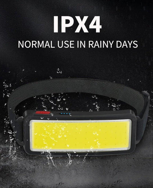 De Altijd verlichte led-hoofdlamp heeft een zwarte band, een IPX4 waterdicht ontwerp en COB-technologie voor efficiënte verlichting, waardoor hij ideaal is voor regenachtige omstandigheden.