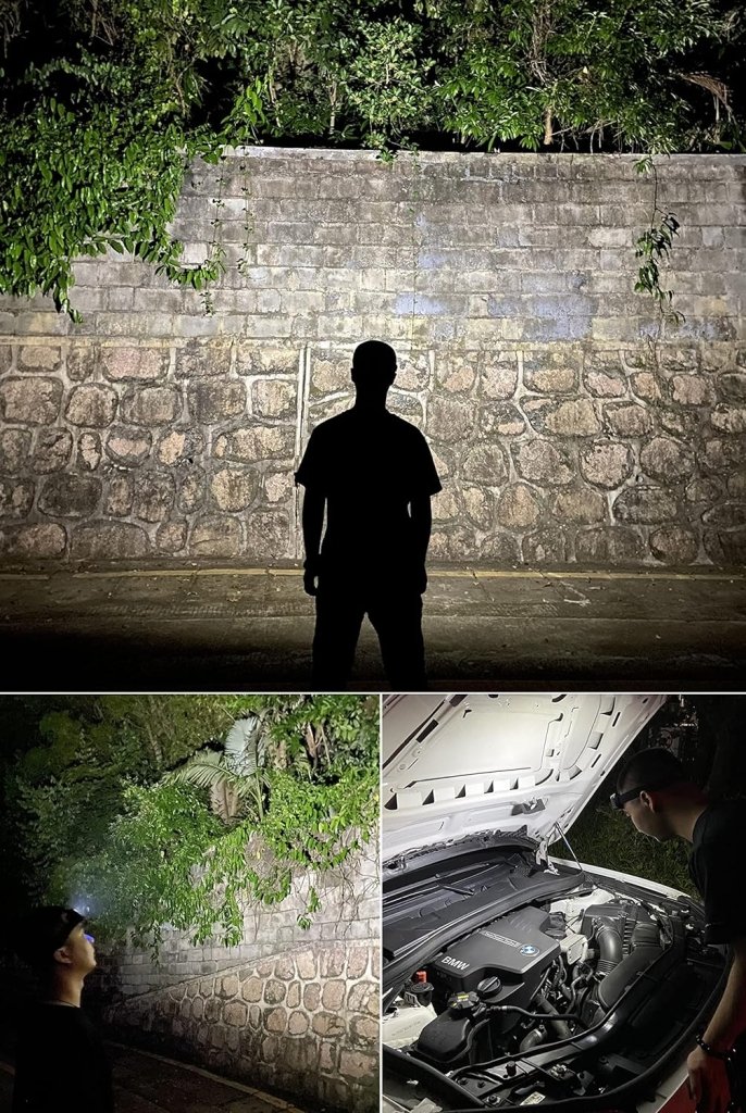 Load image into Gallery viewer, Een persoon met de Altijd verlichte krachtige, oplaadbare led-hoofdlamp onderzoekt &#39;s nachts een stenen muur en inspecteert vervolgens de motor van een auto met behulp van het waterdichte ontwerp om de uitrusting onder alle omstandigheden functioneel te houden.
