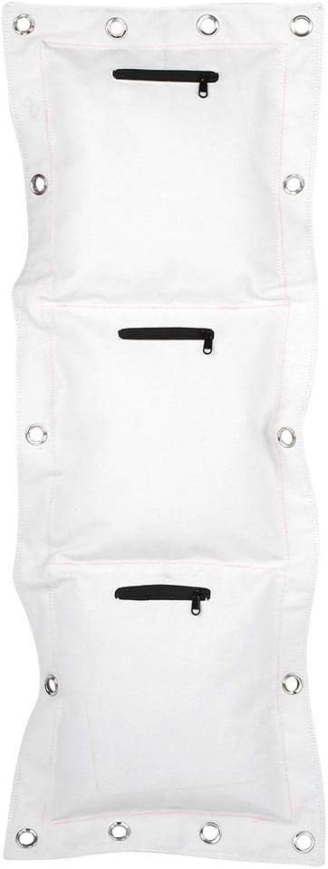 Witte hangende organizer van duurzaam canvas, met drie zakken met rits en metalen ringen voor eenvoudige bevestiging. Ervaar het praktische design van de triple bag: uw ideale trainingspartner voor boksen, Muay Thai en kungfu!.