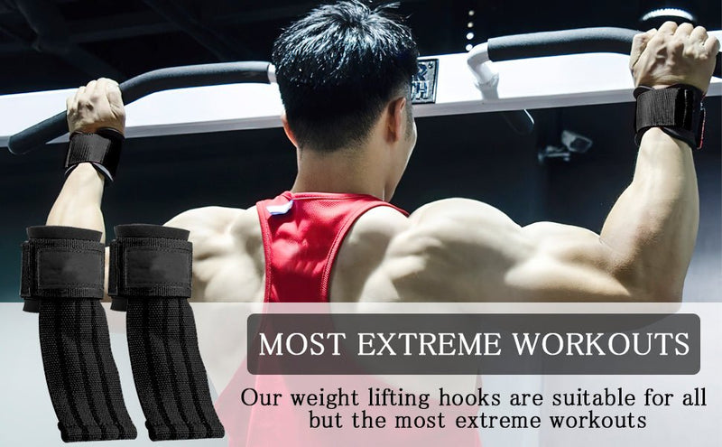 Laad afbeelding in Galerijviewer, Een man gebruikt een optrekstang met Stevige-hefriemen ter ondersteuning en gewichthefhaken, waardoor zijn gespierde rug zichtbaar wordt. Tekst: &quot;MEEST EXTREME WORKOUTS - Onze Stevige-hefriemen en polssteunhaken zijn ideaal voor alle behalve de meest extreme trainingen en krachttraining.
