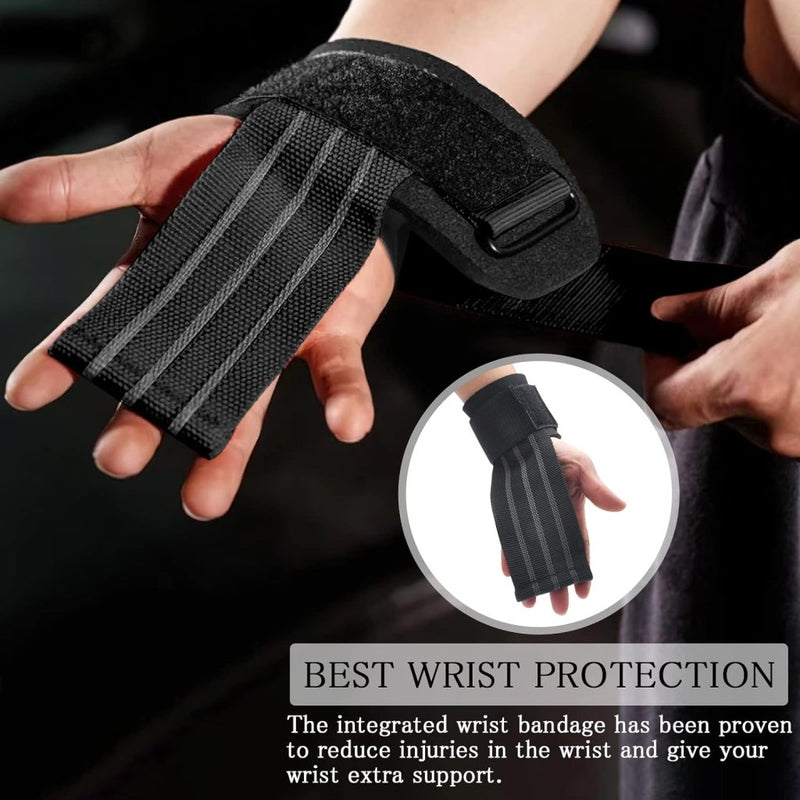Laad afbeelding in Galerijviewer, Een persoon toont een zwarte polsband met het opschrift &quot;BEST WRIST PROTECTION&quot;, wat de voordelen van blessures verminderen en extra ondersteuning tijdens krachttraining benadrukt. Perfect voor gebruik met Stevige lifting straps voor maximale kracht en ondersteuning om uw workoutervaring te verbeteren.

