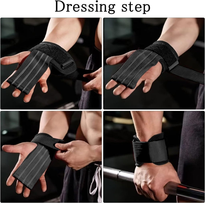 Laad afbeelding in Galerijviewer, Vier afbeeldingen laten zien hoe je de &quot;Stevige lifting straps voor maximale kracht en ondersteuning&quot; draagt, ontworpen voor gewichtheffen en krachttraining. Ze verbeteren grip en stabiliteit tijdens trainingen wanneer ze vastzitten.
