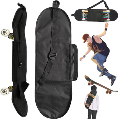 De zwarte skateboard draagtas met een riem, gemaakt van waterdicht Oxford-stof, is om een skateboard gewikkeld voor eenvoudig transport. Met illustraties van skateboarden en het dragen van de tas, is het perfect om je longboard of skateboard veilig en stijlvol te vervoeren.