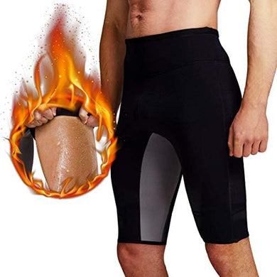 Een persoon die Mannen zweet sauna shorts draagt, met een inzet die zweterige huid van dichtbij laat zien. Vlammen omringen de inzet, symboliseren hitte of trainingsintensiteit en het calorieën verbranden effect dat deze ideale calorie partners veroorzaken.