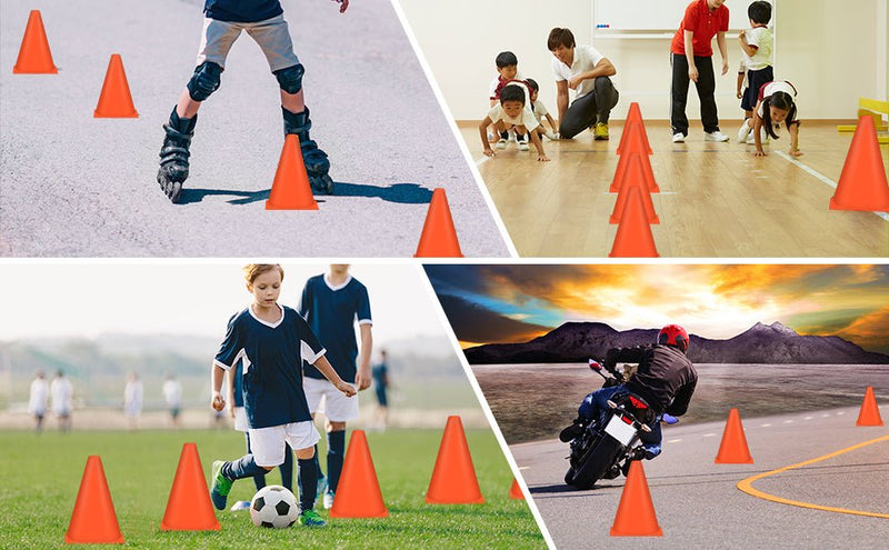 Load image into Gallery viewer, Vier scènes tonen verschillende toepassingen van Verhoog je training met onze premium trainingskegels: een kind dat rolschaatst bij kegels van PP-kunststof, kinderen die kruipen langs levendige trainingskegels binnenshuis, een kind dat voetbalt tijdens een voetbaltraining en een motorrijder die tussen kegels op een parcours door navigeert.
