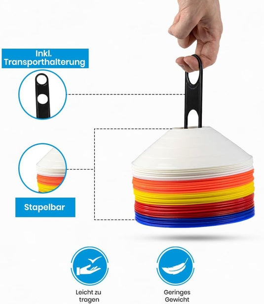 Markeringsschijven 50 stuks in 5 kleuren met houder – trainingshoedjes – voetbal pionnen - happygetfit.com