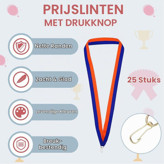 Medaille neklinten 25 stuks 43 x 2,2 cm blauw-oranje met klikclip – award linten – sport accessoires - happygetfit.com