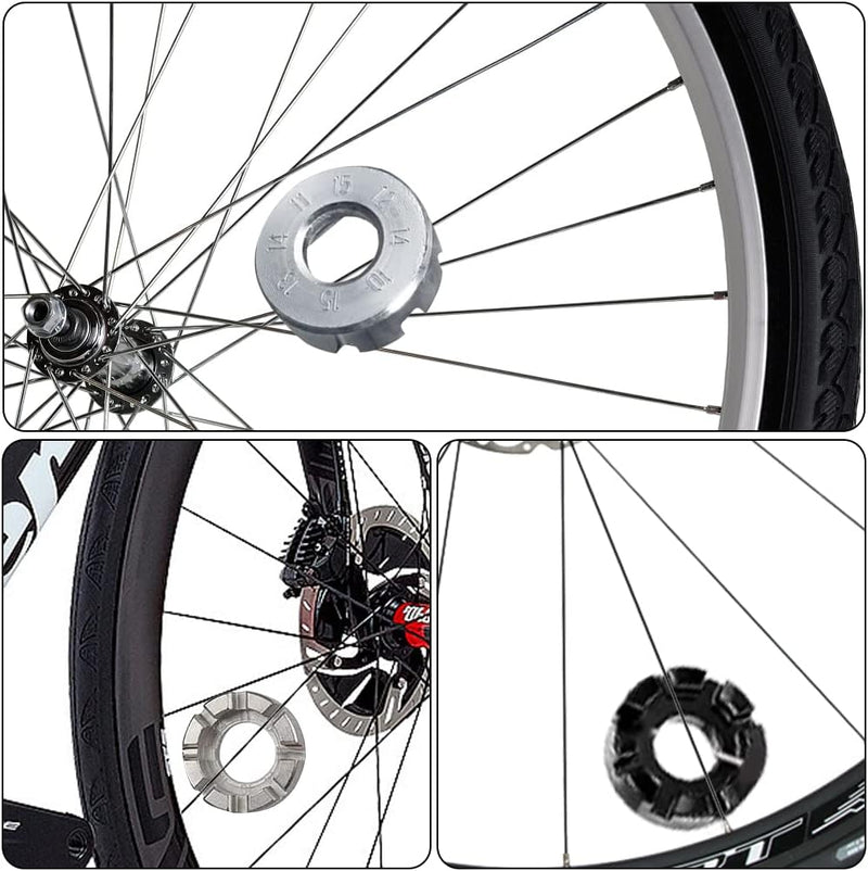 Load image into Gallery viewer, Close-up van fietswielen met schijfremmen op de fietsspaken, met een gekerfd design in zilver en zwart, behoud van wielprestaties. Verbeter uw fiets met de 🔧 Meet en optimaliseer je fietsspanning met deze spaakspanningsmeter!.
