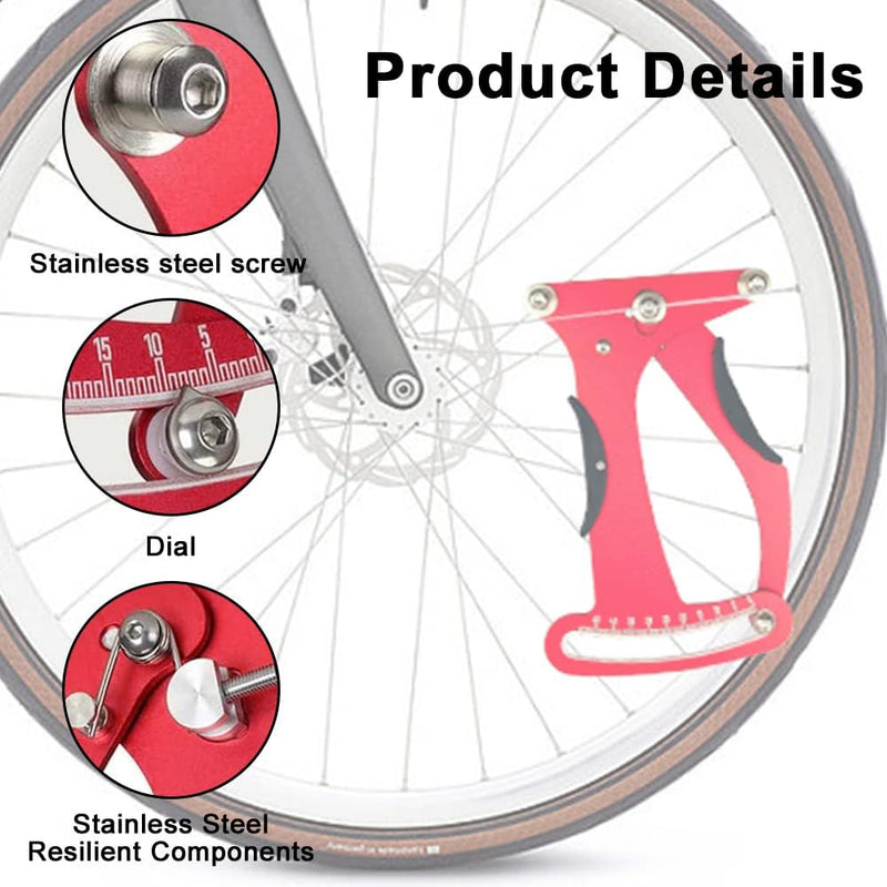Load image into Gallery viewer, Illustratie van een fietswiel met close-ups van een rode remklauw, roestvrijstalen schroeven en wijzerplaatdetails, die de impact op wielprestaties benadrukken. Optimaliseer uw rit met &quot;🔧 Meet en optimaliseer je fietsspanning met deze spaakspanningsmeter!.

