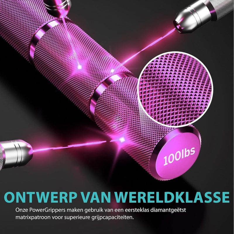 Laad afbeelding in Galerijviewer, Een close-up van de &quot;Krijg krachtige handen met deze hand gripper set&quot; toont een getextureerde handgreep met het label &quot;100lbs&quot;, gemarkeerd door lasers. De Nederlandse tekst prijst het ontwerp van wereldklasse en de superieure gripprestaties, ideaal voor het verbeteren van de gripkracht tijdens revalidatie.
