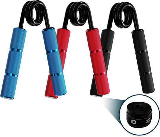 Ontdek 'Krijg krachtige handen met deze handgreepset', met drie verstevigingen in blauw, rood en zwart. Ideaal voor revalidatie of het vergroten van de gripkracht, met instelbare weerstand voor gepersonaliseerde trainingsintensiteit.