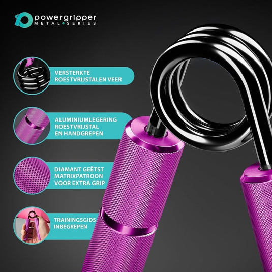 Close-up van een paarse handgreep met kenmerken: versterkte roestvrijstalen veer, handvat van aluminiumlegering, grippatroon met diamanttextuur en trainingsgids. Ideaal voor "Krijg krachtige handen met deze handgrijperset", perfect voor het verbeteren van de gripkracht tijdens revalidatie.
