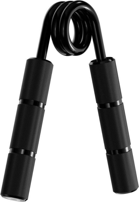 De zwarte handgripversterker heeft getextureerde handgrepen en een centrale spiraalveer, ideaal voor revalidatie of het verbeteren van de gripkracht. Product: "Krijg krachtige handen met deze handgripper set.