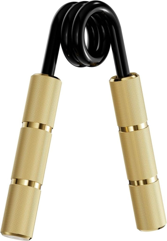 De "Krijg krachtige handen met deze handgrijperset" bestaat uit goud en zwart gekartelde metalen handgrepen met een spiraalveer, ideaal voor het verbeteren van de gripkracht tijdens revalidatie.