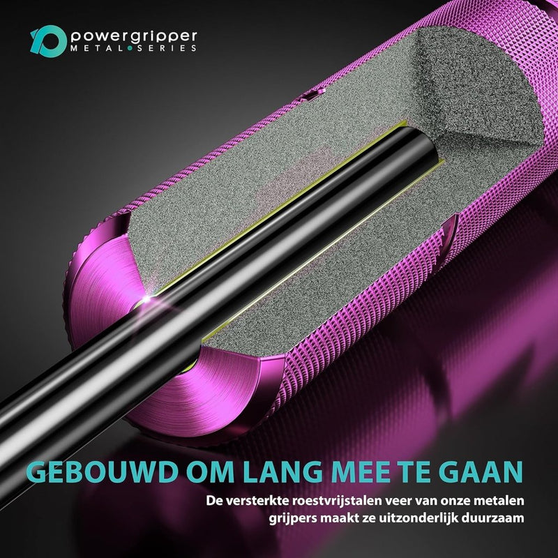 Laad afbeelding in Galerijviewer, Een dwarsdoorsnede van het roze metalen gripgereedschap toont de interne componenten, met de Nederlandse tekst &#39;Built to last&#39;. De versterkte roestvrijstalen veer in onze &quot;Krijg krachtige handen met deze handgrijperset&quot; vergroot de gripkracht en zorgt voor duurzaamheid voor effectieve revalidatie.
