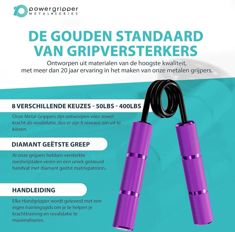 Laad afbeelding in Galerijviewer, De &quot;Krijg krachtige handen met deze handgrijperset&quot; bestaat uit paarse handgrijpers met weerstandsniveaus van 50 lbs tot 400 lbs, een handvat met diamantstructuur, de Nederlandse tekst over gripkracht verbeteren en bevat een handleiding voor revalidatie en het verbeteren van de grijpkracht.
