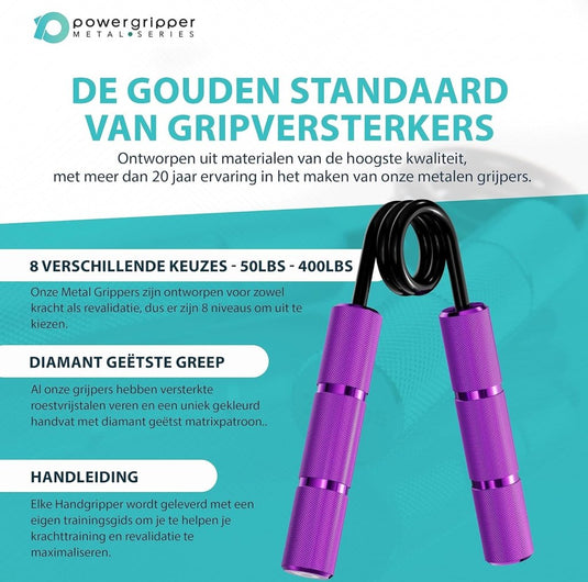 De "Krijg krachtige handen met deze handgrijperset" bestaat uit paarse handgrijpers met weerstandsniveaus van 50 lbs tot 400 lbs, een handvat met diamantstructuur, de Nederlandse tekst over gripkracht verbeteren en bevat een handleiding voor revalidatie en het verbeteren van de grijpkracht.
