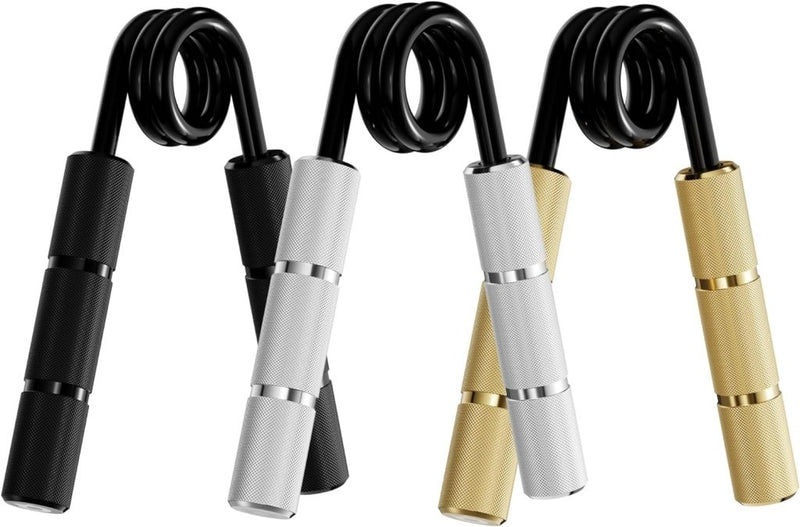 Laad afbeelding in Galerijviewer, De &quot;Krijg krachtige handen met deze hand gripper set&quot; bevat drie gestroomlijnde versterkers in zwart, zilver en goud voor revalidatie en het verbeteren van de gripsterkte. Elk stuk staat rechtop met spiraalveren bovenop voor een effectieve workout.
